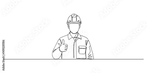 Continuous one line drawing of a technician wearing a protective helmet while giving a thumbs up, representing respect for the profession, labor day, line art style vector illustration.