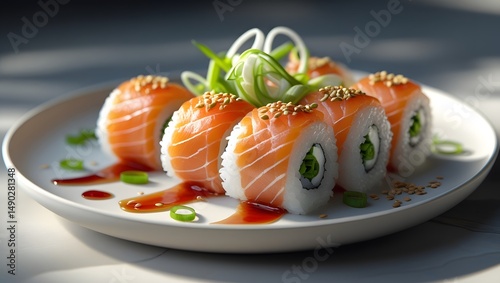 an elegant Philadelphia roll set, composed of succulent salmon sashimi and rich cream cheese