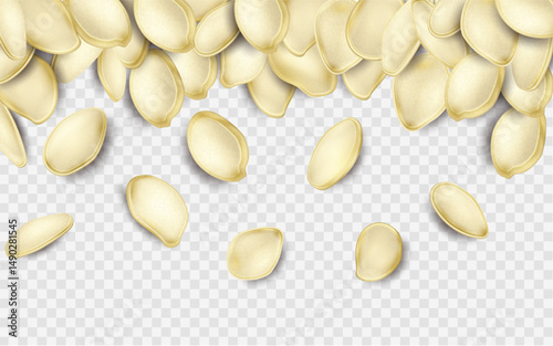 Pumpkin seeds in a realistic style on a transparent background. Organic food texture, perfect for packaging, advertising and web design. Topics: healthy eating, gardening