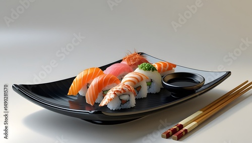 selection of nigiri sushi, consisting of salmon, tuna, and crab pieces