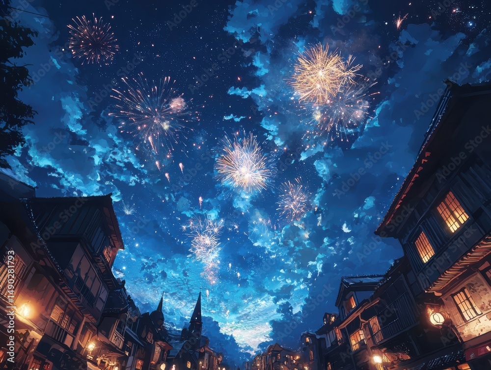 Obraz premium Celebratory fireworks display over historic town night sky digital art festive atmosphere wide angle view