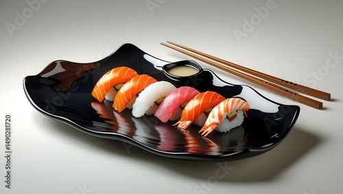 selection of nigiri sushi, consisting of salmon, tuna, and crab pieces
