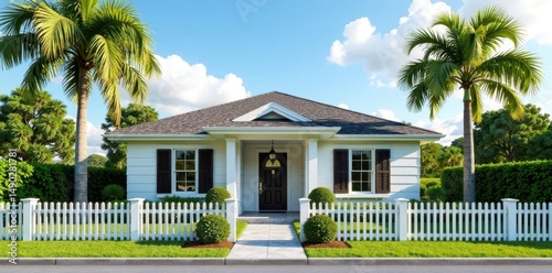 Single-story house with white picket fence and palm trees in front, palm trees, single story