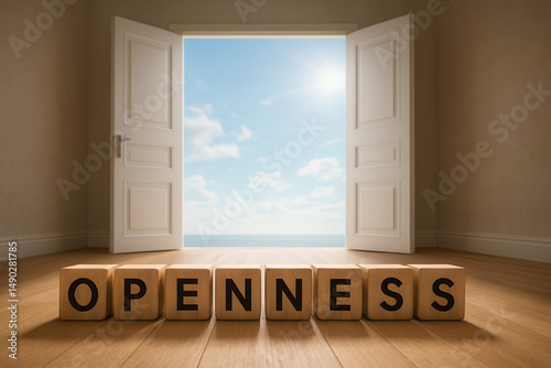 Openness word spelled with wooden blocks in room with open door leading to the ocean