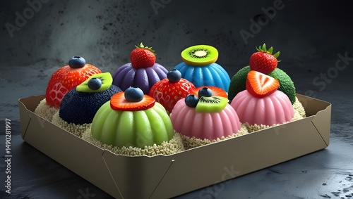 mochi desserts, each uniquely shaped and textured, with intricately placed toppings such as juicy strawberries, blueberries, and kiwi slices