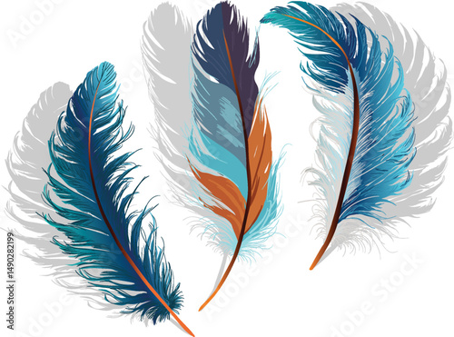 three blue bird feathers isolated on white