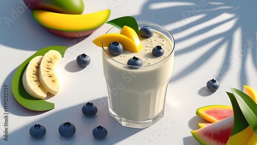 Milk smoothie with mango, banana and blueberry in a glass on a light background with tropical fruit slices and shadow.