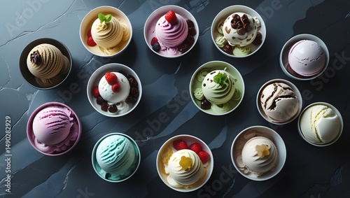 seven to nine bowls of various ice creams with unique flavors and toppings