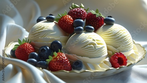 three generously portioned scoops of creamy vanilla ice cream, adorned with an assortment of fresh berries including plump strawberries, juicy blueberries, and ripe raspberries
