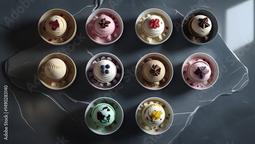 seven to nine bowls of various ice creams with unique flavors and toppings