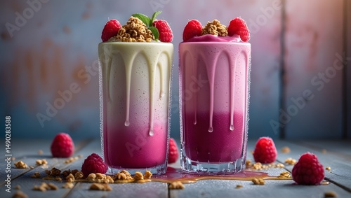 two Banana Raspberry Smoothies in transparent, frosty tumbler glasses with condensation droplets, placed on a rustic wooden background with subtle texture