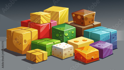 Colorful assortment of artisanal cheese cubes displayed on a simple gray background