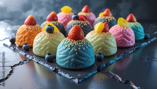 colorful mochi desserts or ice cream with intricately textured rice dough, generously topped with an assortment of sweet treats such as juicy strawberries, blueberries, and crunchy sesame seeds