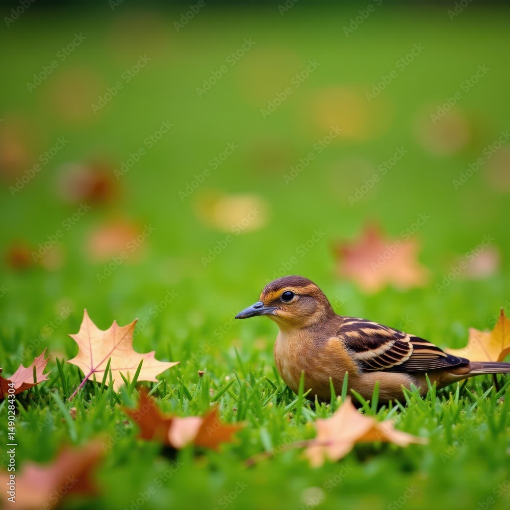 Fototapeta premium Small brown bird lying on wet grass in a park among fallen leaves, park, ground