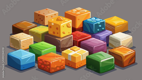 Colorful assortment of artisanal cheese cubes displayed on a simple gray background