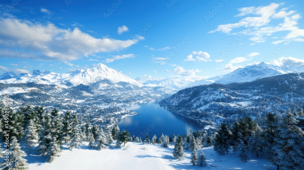 Obraz premium Breathtaking winter landscape scenery alpine lake high-resolution photography snowy mountains aerial view natural beauty