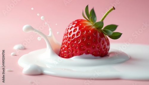 Small strawberry floating on surface of milk splash , splash, liquid