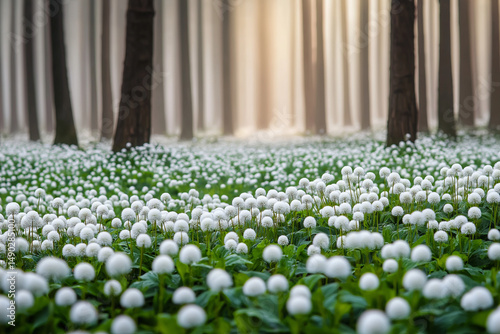 beautifully captures the harmony and beauty of a forest landscape, highlighting the delicate interplay between light, flora, and the natural environment. It's a perfect representation of nature's sere