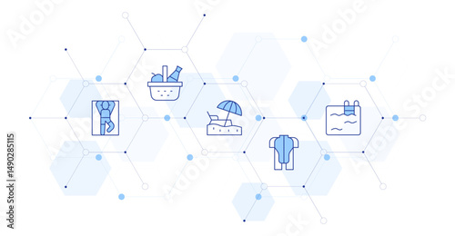 Vacation Banner Vector Illustration with Icon Style in Between. Line Duotone icon. Containing. sunbathing, picnic basket, beach, wetsuit, swimming pool