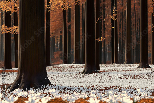 portrays a stunning and tranquil forest landscape that combines natural beauty with artistic composition.