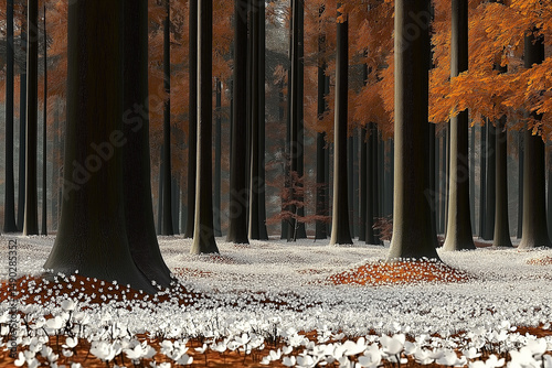 portrays a stunning and tranquil forest landscape that combines natural beauty with artistic composition.