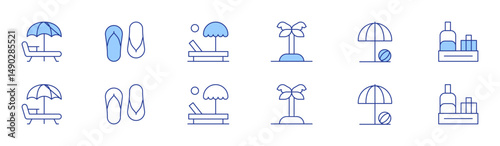 Vacation icon set in two styles, Duotone and Thin Line style. Editable stroke. sunbed, island, flip flops, umbrella, beach, conveyor