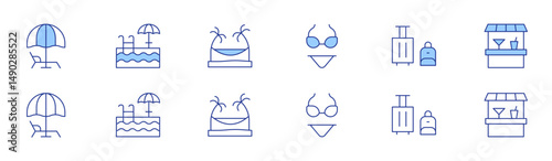 Vacation icon set in two styles, Duotone and Thin Line style. Editable stroke. sun umbrella, bikini, swimming pool, suitcase, hammock, beach bar