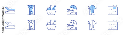Vacation icon set in two styles, Duotone and Thin Line style. Editable stroke. sunbed, sunbathing, picnic basket, beach, wetsuit, swimming pool