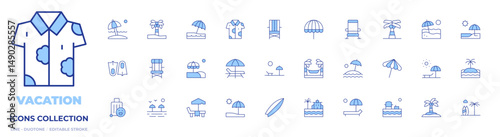 Vacation icons collection. Line Duotone style, editable stroke. fins, beach, sun umbrella, beach chair, beach umbrella, palm tree, island, travel, sunbed, hammock