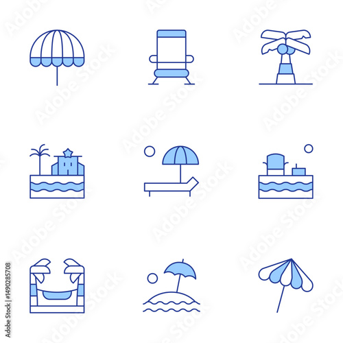 Vacation icons set. Line Duotone style, editable stroke. beach umbrella, beach chair, palm tree, hammock, sunbed, sunbathe, beach, sun umbrella, umbrella