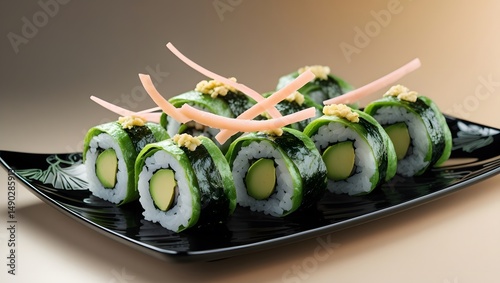 green avocado sushi rolls, delicately wrapped in thin, translucent seaweed sheets, and garnished with thinly sliced, pale pink ginger strips