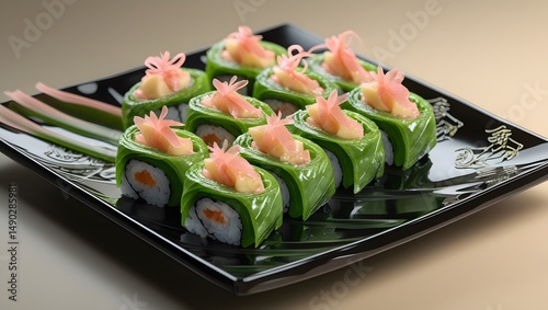 green avocado sushi rolls, delicately wrapped in thin, translucent seaweed sheets, and garnished with thinly sliced, pale pink ginger strips