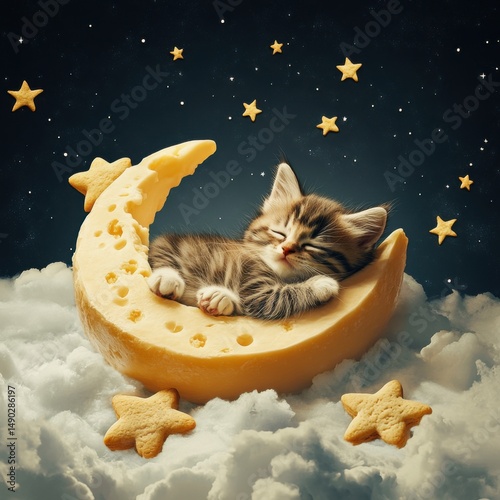 Kitten Sleeping on a Cheese Moon