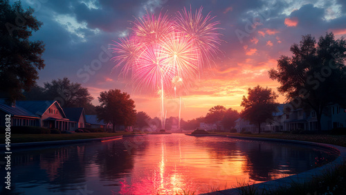Colorful fireworks illuminate a calm neighborhood lake at sunset