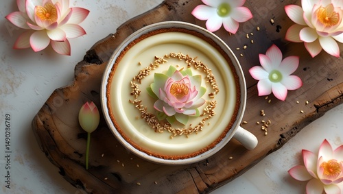a velvety smooth lotus cheesecake served in a delicate ceramic cup, garnished with a sprinkle of toasted sesame seeds and a few fresh lotus petals