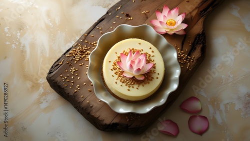 a velvety smooth lotus cheesecake served in a delicate ceramic cup, garnished with a sprinkle of toasted sesame seeds and a few fresh lotus petals