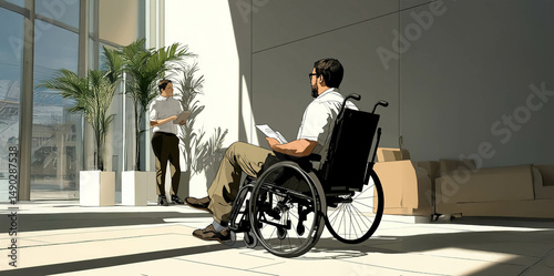 A diverse group of office workers, including a person in a wheelchair, discussing business moments in a modern office setting. Generated image