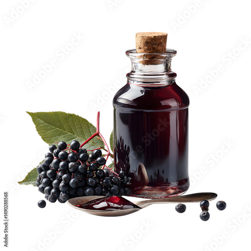 Elderberry syrup bottle with dosage spoon, isolated on transparent background 