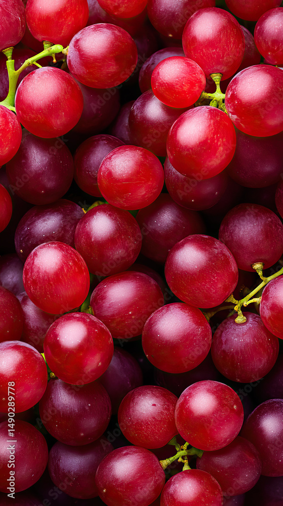 Red grape closeup with fresh ripe fruit and green stem, vibrant and juicy texture in natural light Red grape closeup with fresh ripe fruit and green stem, vibrant and juicy texture in natural light