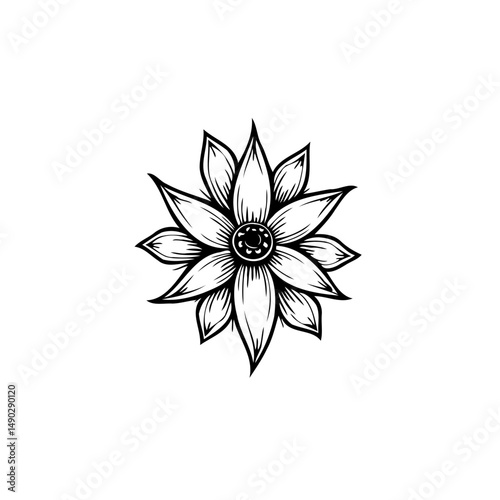 Elegant monochrome floral illustration with detailed line work and a central gem