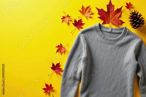 Autumnal Sweater and Leaves on Yellow Background A Cozy Fall Fashion Concept