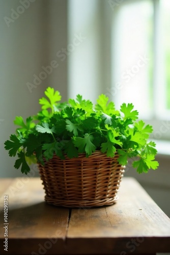 Wallpaper Mural A vibrant bunch of fresh green herbs sits in a rustic woven basket, resting on a weathered wooden table near a bright window. Torontodigital.ca