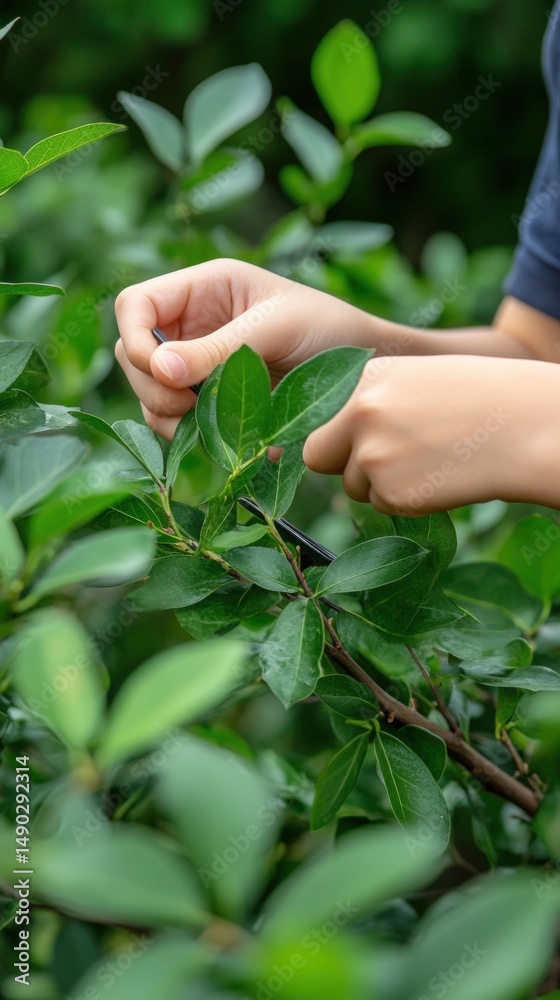 Pruning bush leaves with shears in garden horticulture and plant maintenance Pruning bush leaves with shears in garden horticulture and plant maintenance
