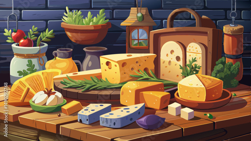Assorted cheeses displayed on a rustic wooden board with herbs in a cozy kitchen setting