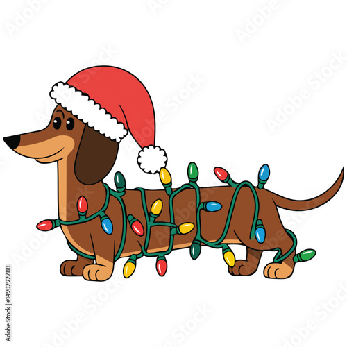 Christmas dachshund tangled in lights isolated vector illustration on white background