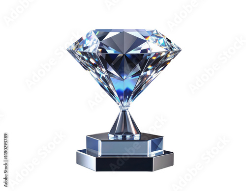 Luxurious 3D diamond material trophies with elegant sculpted designs, made entirely from transparent crystal, placed on transparent background, ideal for premium awards, championships and prizes
