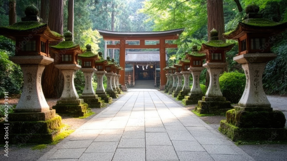 Fototapeta premium Pathway with stone lanterns leading to temple gate