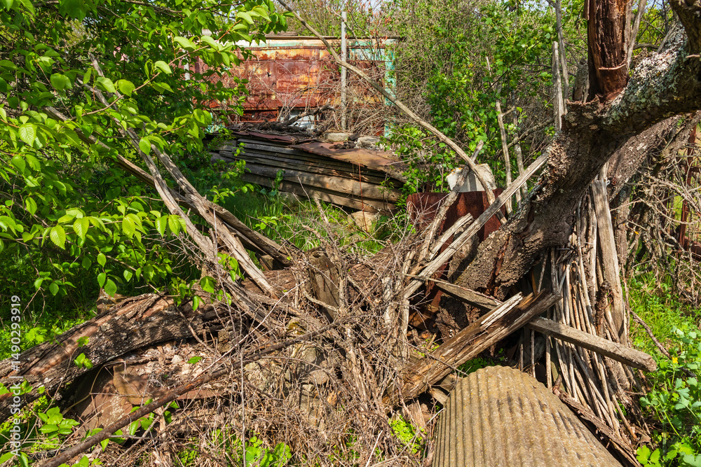 Fototapeta premium Junk in a village yard - a pile of branches and wooden planks. Abandoned place in the countryside, summer sunny day