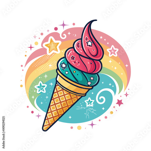 Cherry ice cream design. Fresh ice cream graphic print design for t shirt, apparel, posters, background and others. Retro ice cream hand drawn vector art, Enjoy summer with sweet ice cream.