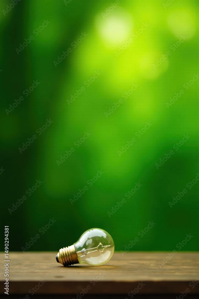 custom made wallpaper toronto digitalA single incandescent light bulb rests gently on a rustic wooden surface, set against a softly blurred backdrop of verdant foliage, symbolizing a connection between illumination and nature.